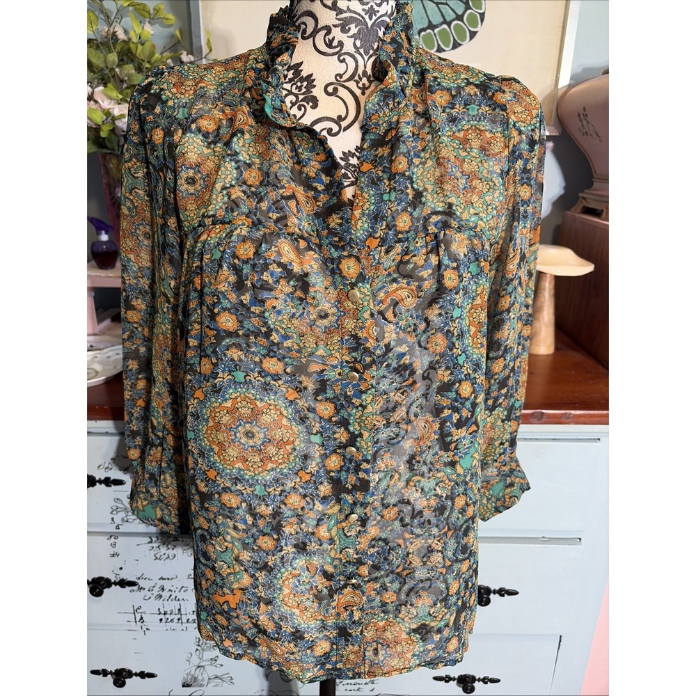 Art Love Paris Sheer Floral Button 3/4 Sleeve Blouse Sz Large. Boho. Earthy.